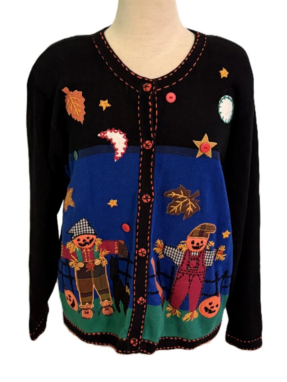 Vintage 90s Embroidered Halloween Cardigan Sweater Arriviste Womens XL Scarecrow